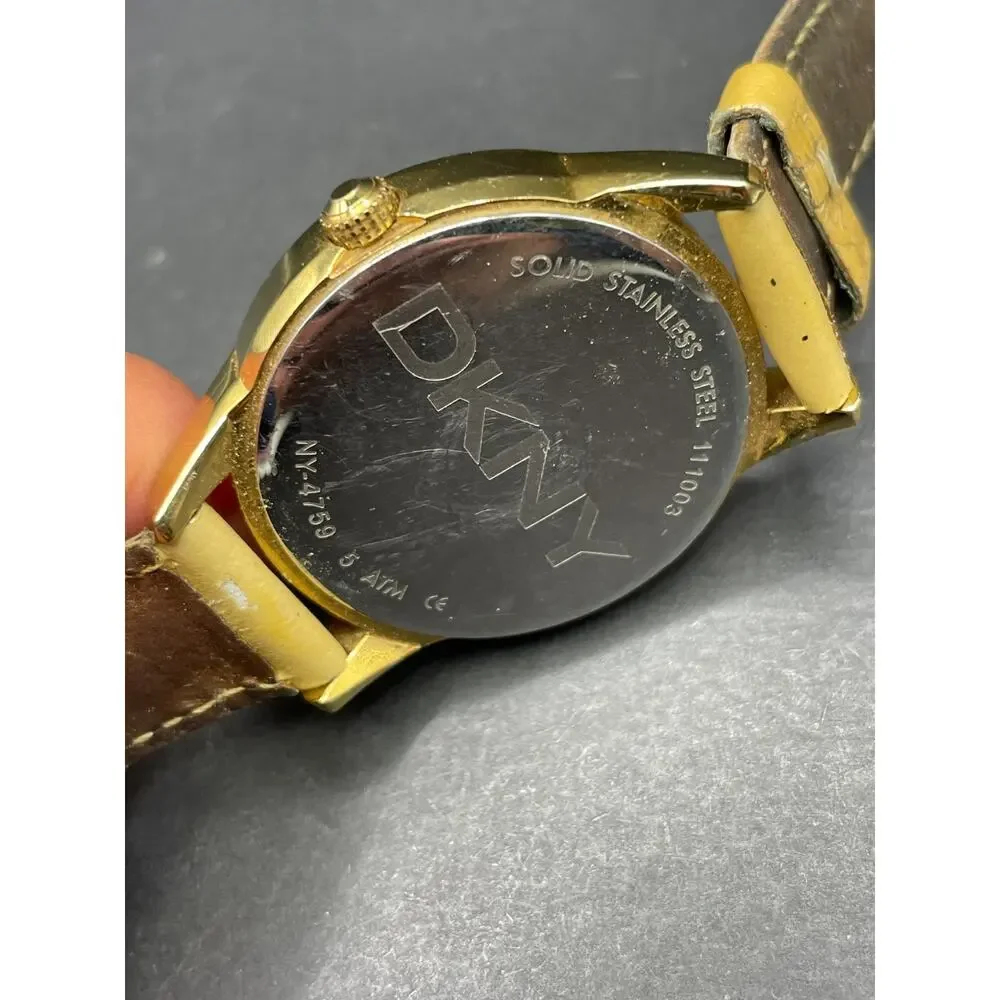 DKNY NY-4759 Mother of Pearl Dial Crystal Bezel Gold Tone Watch Leather Band